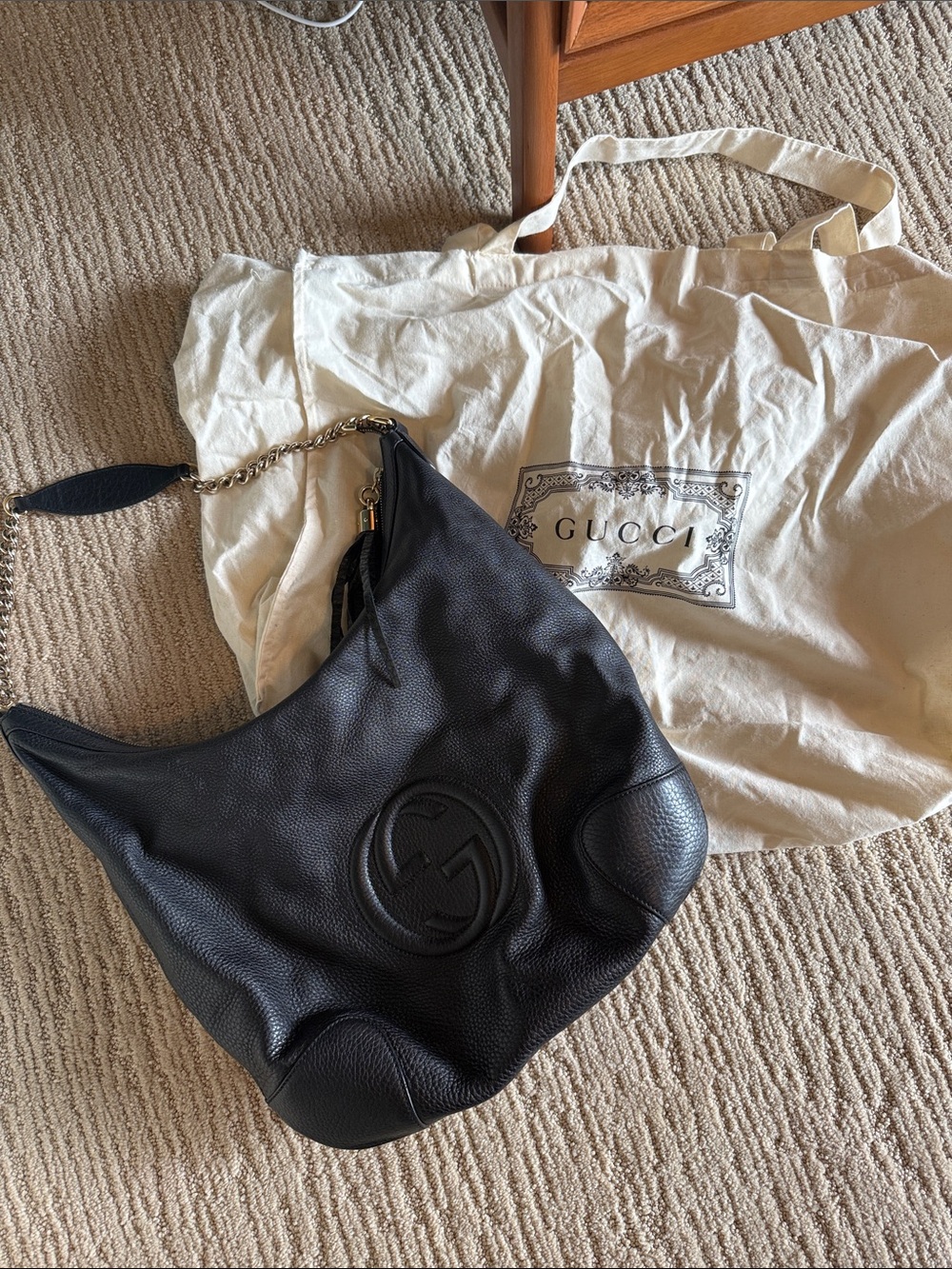 Gucci Black Pebbled Leather Shoulder Hobo with Embossed GG
